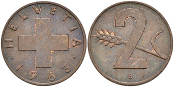Швейцария 2 раппена 1963 В KM 47 бронза 4586-713