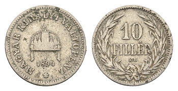 Венгрия 10 филлеров 1894 KB, Франц Иосиф I (1848-1916) KM 482 никель 4665-715