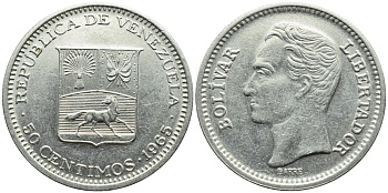 Венесуэла 50 сентимо 1965 Симон Боливар KM 41, Schon 51 никель 4392-1011