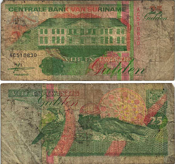 Суринам 25 гульденов 1991 здание Центрального банка, тукан, соревнования по плаванию Pick 138 a бумага 6289-4-2-2