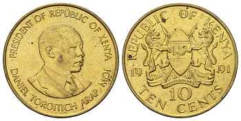 Кения 10 центов 1991 Дэниэл арап Мои KM 18 никель латунь UNC 4149-612
