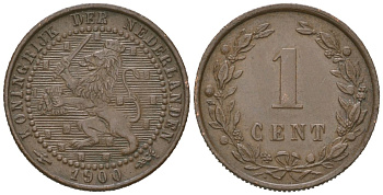Нидерланды 1 цент 1900 Вильгельмина (1890-1948) KM 107 бронза 4154-733