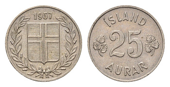Исландия 25 эйре 1957 KM 11 медно-никель 4690-611