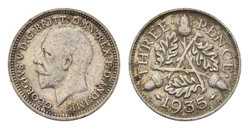Великобритания 3 пенса 1935 Георг V (1910-1936) KM 831, Spink 4042 серебро 4644-762