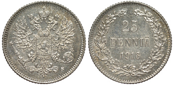 Россия для Финляндии 25 пенни 1916 S, Николай II (1894-1917) KM 6.2, Биткин 421 серебро 75-1341
