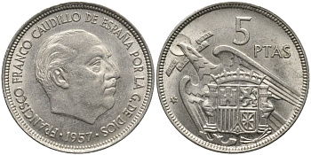 Испания 5 песет 1957 (57) Франсиско Франко (1939-1975) KM 786 медно-никель UNC 4171-517