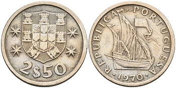 Португалия 2,5 эскудо 1970 парусник KM 590 медно-никель    4160-1213