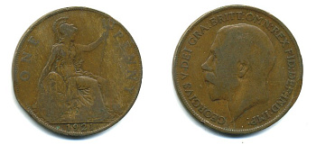 Великобритания 1 пенни 1921 Георг V (1910-1936) KM 810, Spink 4051 бронза 41-542