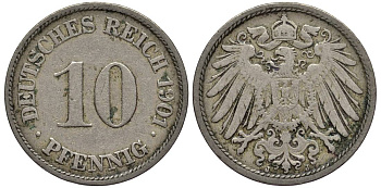 Германия 10 пфеннигов 1901 J KM 12, Jager 13, Weege 8 медно-никель 219-343