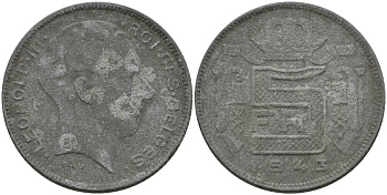 Бельгия 5 франков 1943 BELGES, Леопольд III (1934-1947) KM 129.1 цинк 4579-253