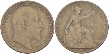 Великобритания 1 пенни 1909 Эдуард VII (1901-1910) KM 794.2, Spink 3990 бронза 215-244