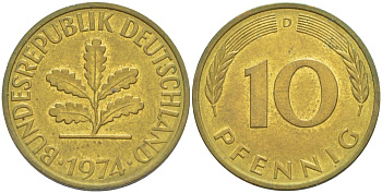 ФРГ 10 ПФЕННИГОВ 1974 D KM 108, J. 383 сталь плакированная латунью 219-454