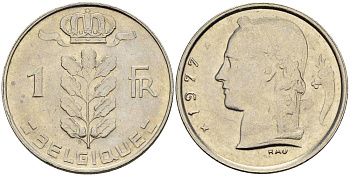 Бельгия 1 франк 1977 Belgique, Бодуэн I (1951-1993) KM 142.1 медно-никель 4546-521
