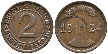 ГЕРМАНИЯ 2 РЕНТЕНПФЕННИГА 1924 G KM 31, J. 307 бронза 24-624