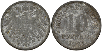Германия 10 пфеннигов 1921  J. 299, KM 26 цинк    4603-744