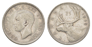 Канада 25 центов 1943 Георг VI (1936-1952), олень KM 35 серебро 4622-816