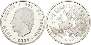 Испания 10 евро 2004 M, расширение Евросоюза, карта Европы KM 1099 серебро PROOF 11-203-25