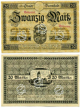Германия, Дармштадт 20 марок 1918 - 1919 1 октября 1918 - 1 Февраля 1919, нотгельд, земля Гессен, водяной знак KREUZ-RINGEL-MUSTER, № номер снежинка, с перфорацией Geiger 092.07а  бумага  аUNC  8613-34-1-1