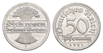 Германия 50 пфеннигов 1921 G KM 27, J. 301 алюминий aUNC 4646-1137