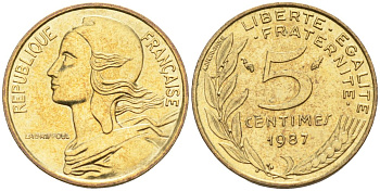 Франция 5 сантимов 1987 тип Marianne KM 933, Le Franc 125.23 медь алюминий никель 4115-526