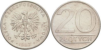 ПОЛЬША 20 ЗЛОТЫХ 1987 MW KM 153.1 медно-никель 4551-1053