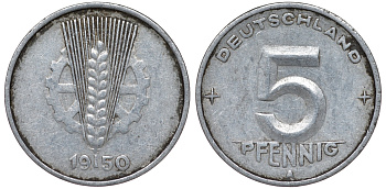 ГДР 5 ПФЕННИГОВ 1950 А алюминий 62-1134
