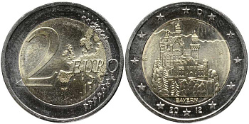 ГЕРМАНИЯ 2 ЕВРО 2012 D, БАВАРИЯ, ЗАМОК НОЙШВАНШТАЙН, СЕРИЯ ФЕДЕРАЛЬНЫЕ ЗЕМЛИ ГЕРМАНИИ KM 305 биметалл UNC 115-1124