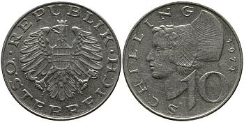 АВСТРИЯ 10 ШИЛЛИНГОВ 1974 KM 2918 никель плакированный медно-никелем 33-645