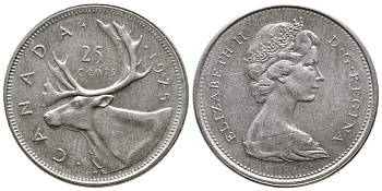 КАНАДА 25 ЦЕНТОВ 1975 ОЛЕНЬ, ЕЛИЗАВЕТА II KM 62b никель 4364-2024