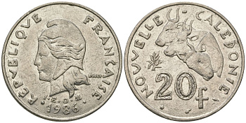 Французская Новая Каледония 20 франков 1986 три быка, (IEOM) KM 12, Schoen 14, Lec 112 никель 4683-132