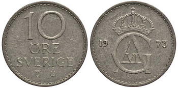 Швеция 10 эре 1973 U, Густав VI Адольф (1950-1973) KM 835 медно-никель 112-915