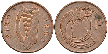 Ирландия 1 пенни 1992 птичка KM 20а сталь плакированная медью 92-211