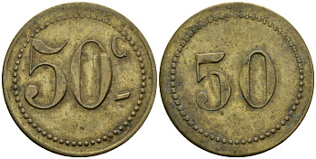 Франция 50 сантимов XIX-XX век ресторанный жетон латунь 4166-1251