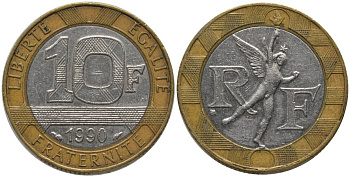 Франция 10 франков 1990 тип Гений Бастилии KM 964.1, Le Frank 375.5 биметалл 181-436