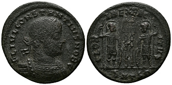 Римская Империя нуммий 335 - 336 Констанций в ранге цезаря GLORIA EXERCITVS Фессалоника Very fine (степень редкости R1) RIC 70 бронза 1073-6-73