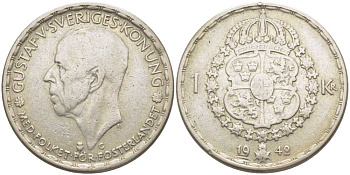 Швеция 1 крона 1942 G, Густав V (1907-1950) KM 814 серебро 119-1114