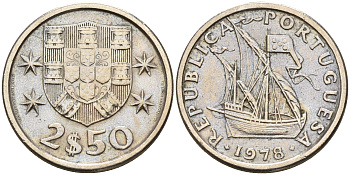 Португалия 2,5 эскудо 1978 парусник KM 590 медно-никель  UNC  4160-1219