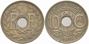 Франция 10 сантимов 1918 тип Линдайё KM 866a, Le Franc 138.3 медно-никель 108-123