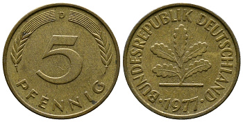 ФРГ 5 ПФЕННИГОВ 1977 D KM 107, J.382 сталь плакированная латунью 179-1039