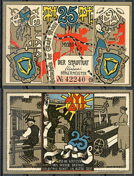 Германия, Милау 25 пфеннигов 1921 нотгельд, городские виды Grabowski 921.1 бумага UNC (пресс) 444-65-1-1