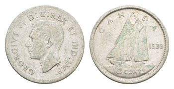 Канада 10 центов 1938 Георг VI (1936-1952), парусник, редкий год KM 34 серебро 4639-539
