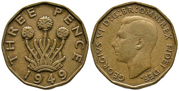 Великобритания 3 пенса 1949 Георг VI (1936-1952), второй выпуск KM 873, Spink 4113 никель латунь 1518-934