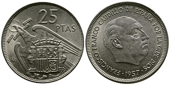ИСПАНИЯ 25 ПЕСЕТ 1957 (67) ФРАНСИСКО ФРАНКО ДИКТАТОР ИСПАНИИ (1939-1975) KM 787 медно-никель 3334-217
