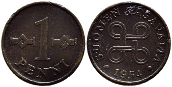 Финляндия 1 пенни 1964 KM 44 медь 4392-1311