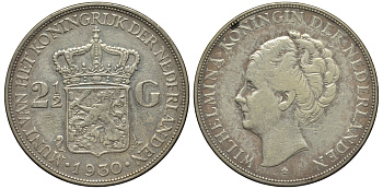 Нидерланды 2 1/2 гульдена 1930 Вильгельмина I (1890-1948) KM 165 серебро 443-624