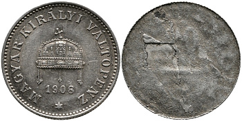 Венгрия 20 филлеров 1908 КВ, Франц Иосиф I (1848-1916), редкий односторонний брак KM 483 никель 1519-1333