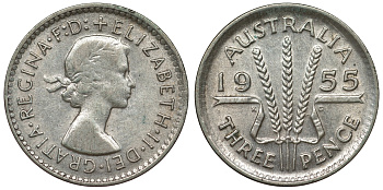 Австралия 3 пенса 1955 m, Елизавета II (1952-2022) KM 57 серебро 71-431