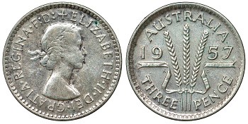 Австралия 3 пенса 1957 m, Елизавета II (1952-2022) KM 57 серебро 71-524