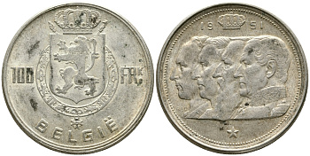 Бельгия 100 франков 1951 Belgie, королевская династия KM 139.1 серебро 1526-1313