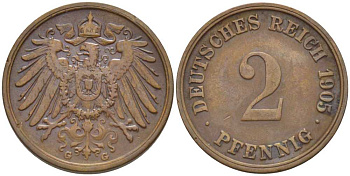 ГЕРМАНИЯ 2 ПФЕННИГА 1905 G KM 16, J. 11, Weege 4 медь 206-514